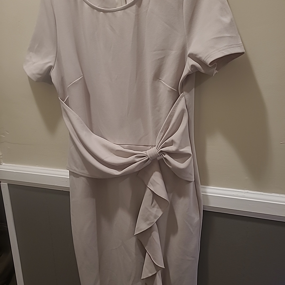 AISIZE Women's Large 50s Vintage Ruffle Peplum Cocktail Pencil Knee Dress Beige